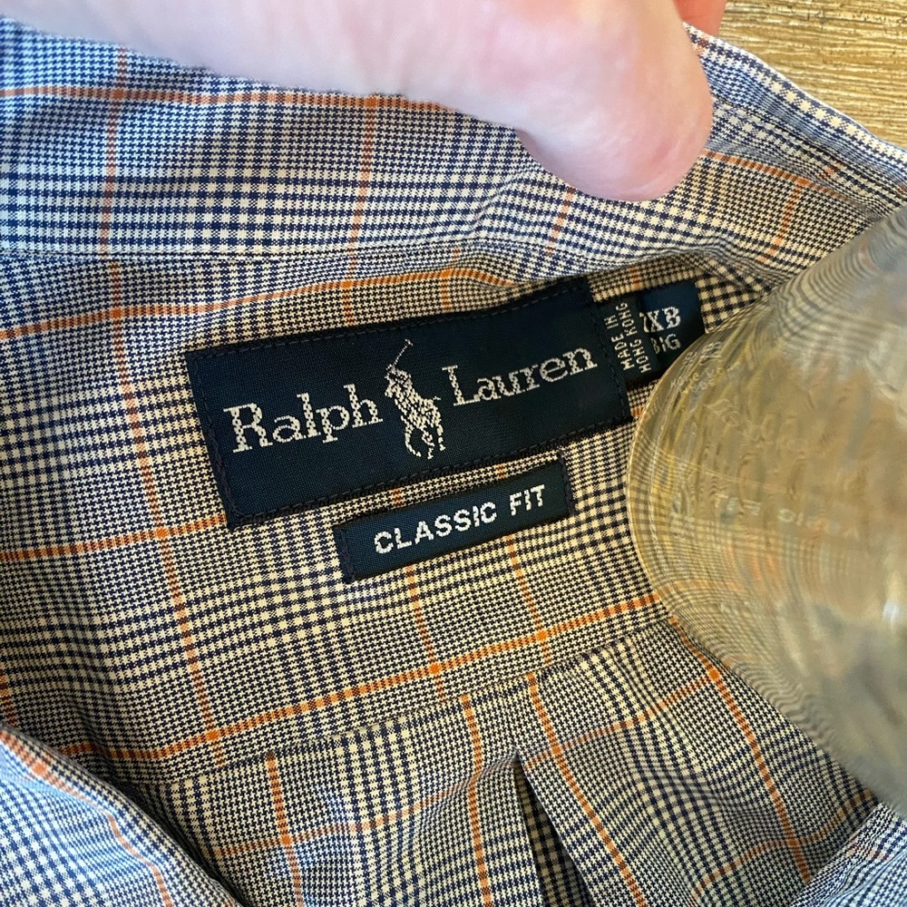 Men’s button down dress shirt with gray and brown and orange plaid pattern
